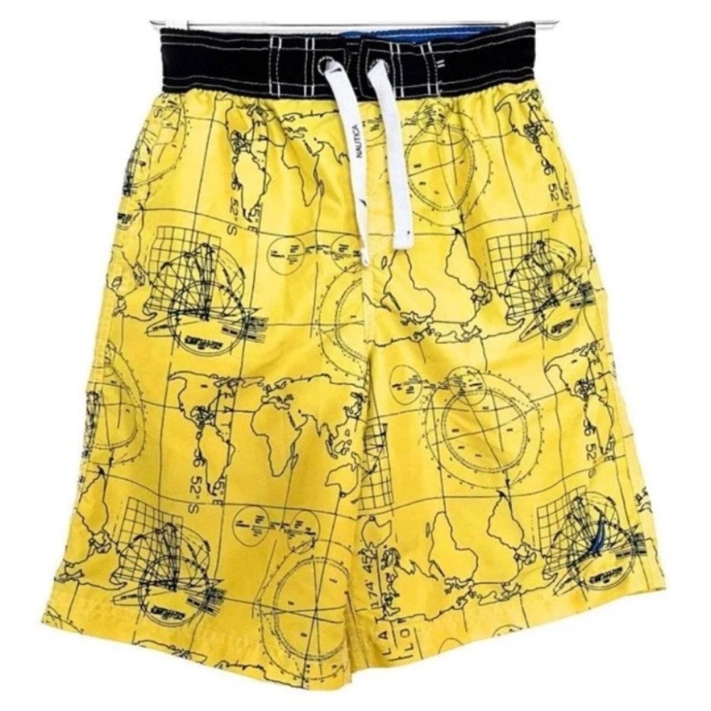 Nautica Boys Size Large Yellow & Navy Map Print Mesh Lined Board Shorts